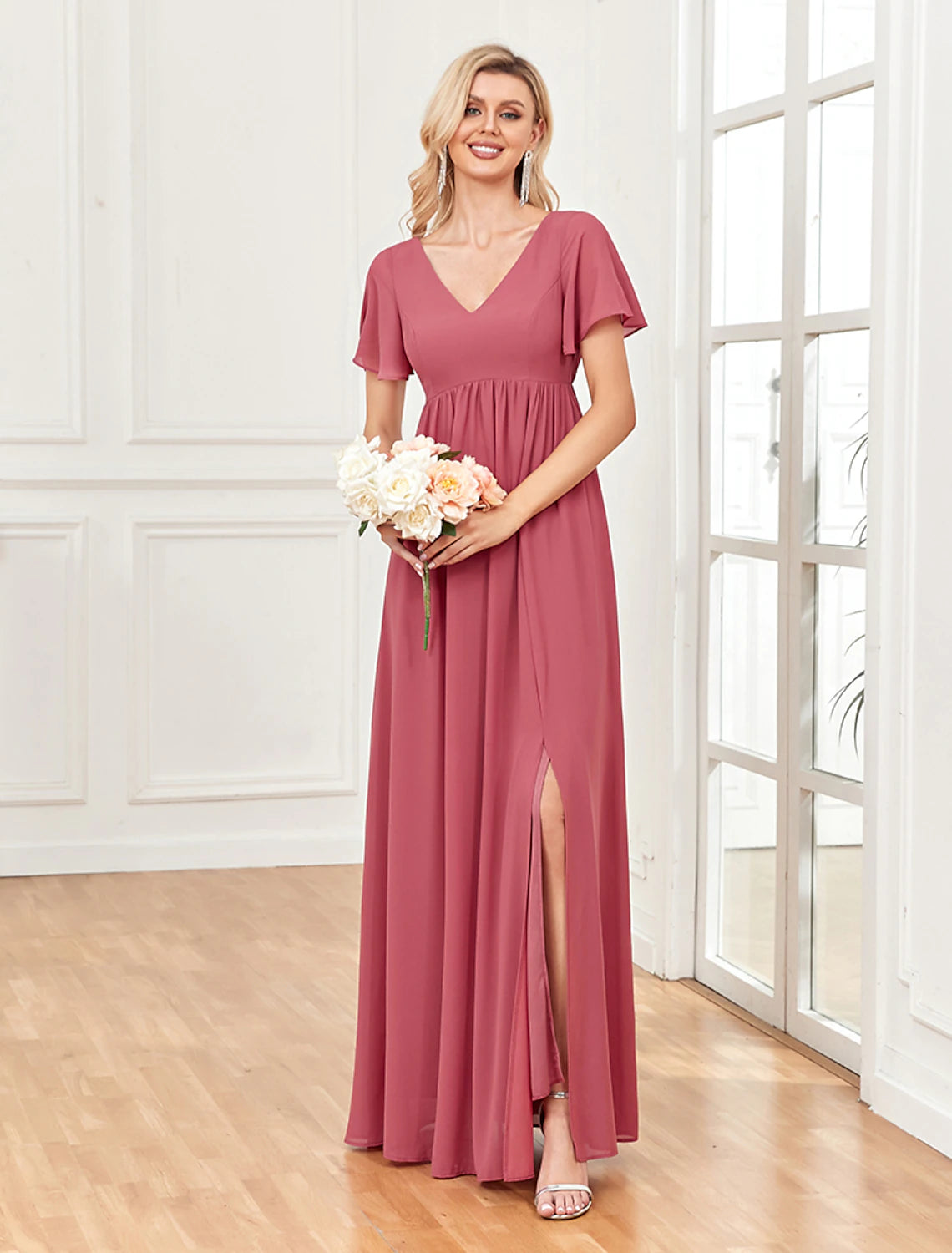 Wholesale A-Line Evening Gown Empire Dress Party Wear Wedding Party Floor Length Short Sleeve V Neck Chiffon V Back with Slit
